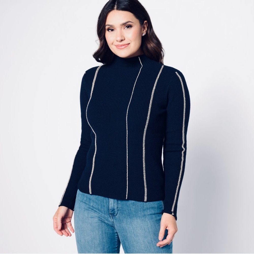 NWOT Studio Park Navy and Silver Gray Metallic Mock Turtleneck Sweater - Sz M